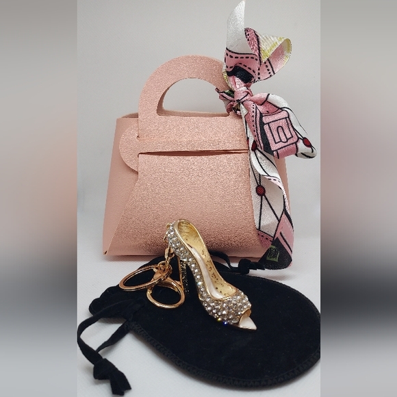 Bling Shoe Keychain Charm With Coordinating  Velvet Pouch & Gift Purse~Pink - Picture 1 of 8